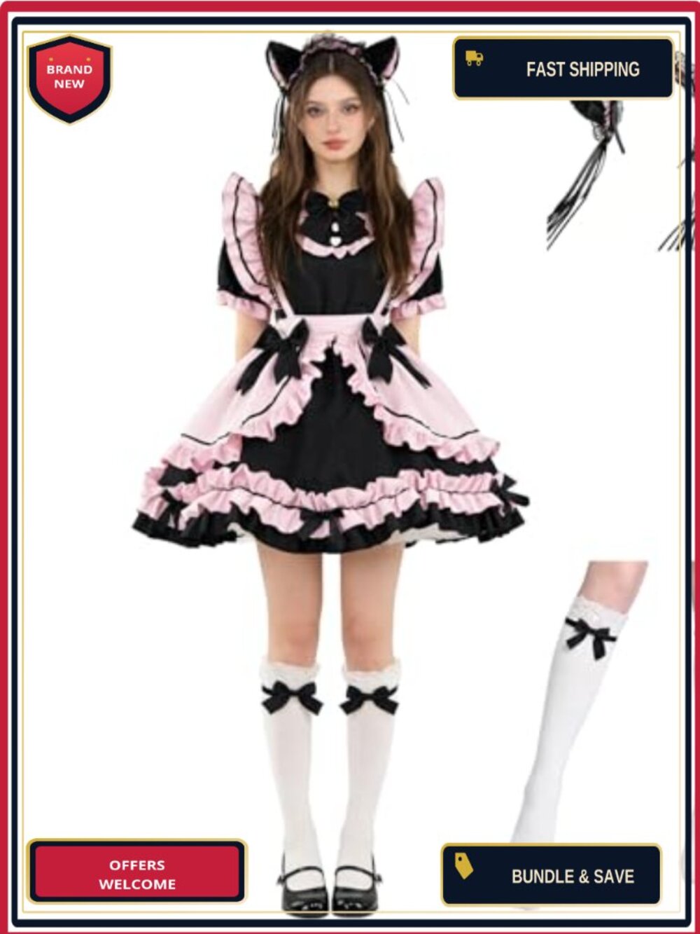 Women's Anime Maid Cosplay Costume with Apron Bowknot and Cat Ear